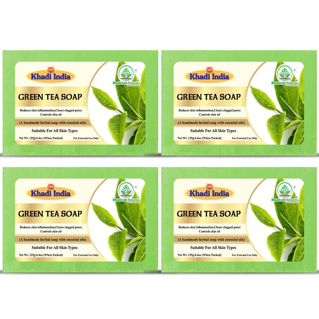 Bhudevam Naturals Khadi Green Tea Bath Soap for Clear & Healthy Skin | Natural Handmade Soap for Acne & Oil Control- 500GM (Pack of 4)