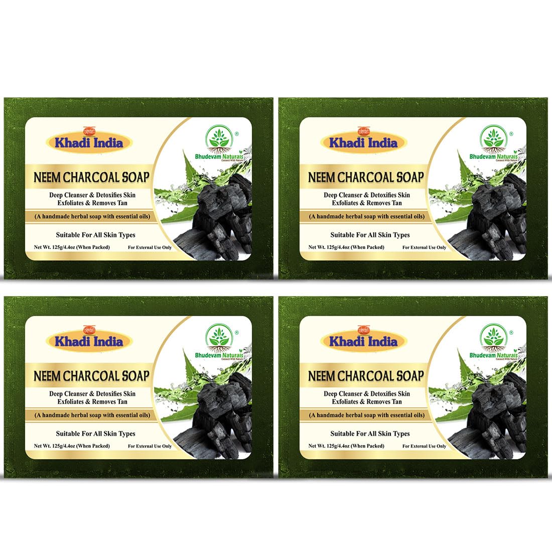 Bhudevam Naturals Khadi Neem & Activated Charcoal Soap – Herbal Handmade Bath Soap for Acne, Pimples, Blackheads Removal- 500GM (Pack of 4)
