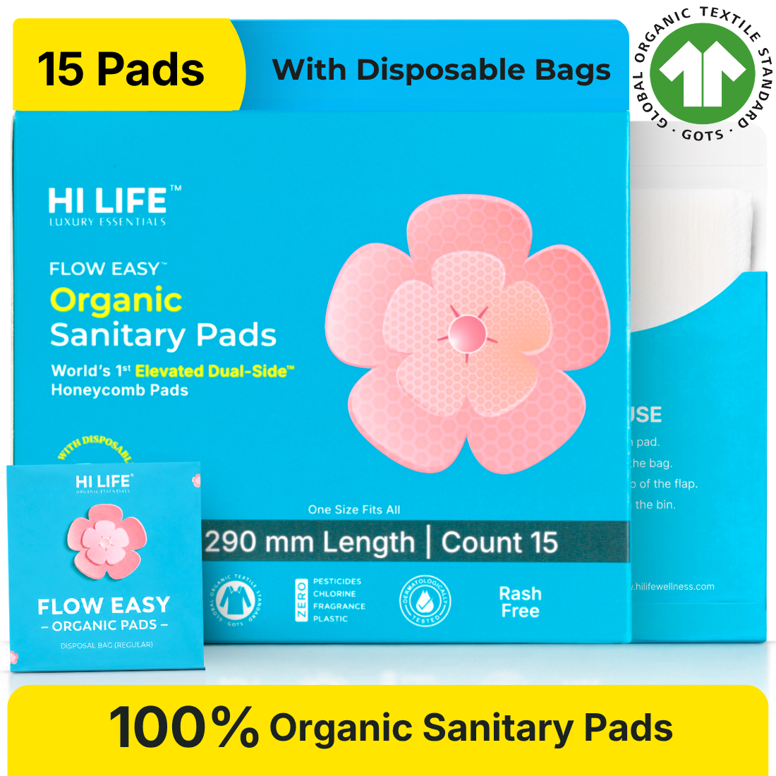 Hi Life Flow Easy Organic Period Pads 280mm | 100% Organic Cotton Top Sheet Sanitary Napkins for Regular & Medium Flow (Pack of 15)