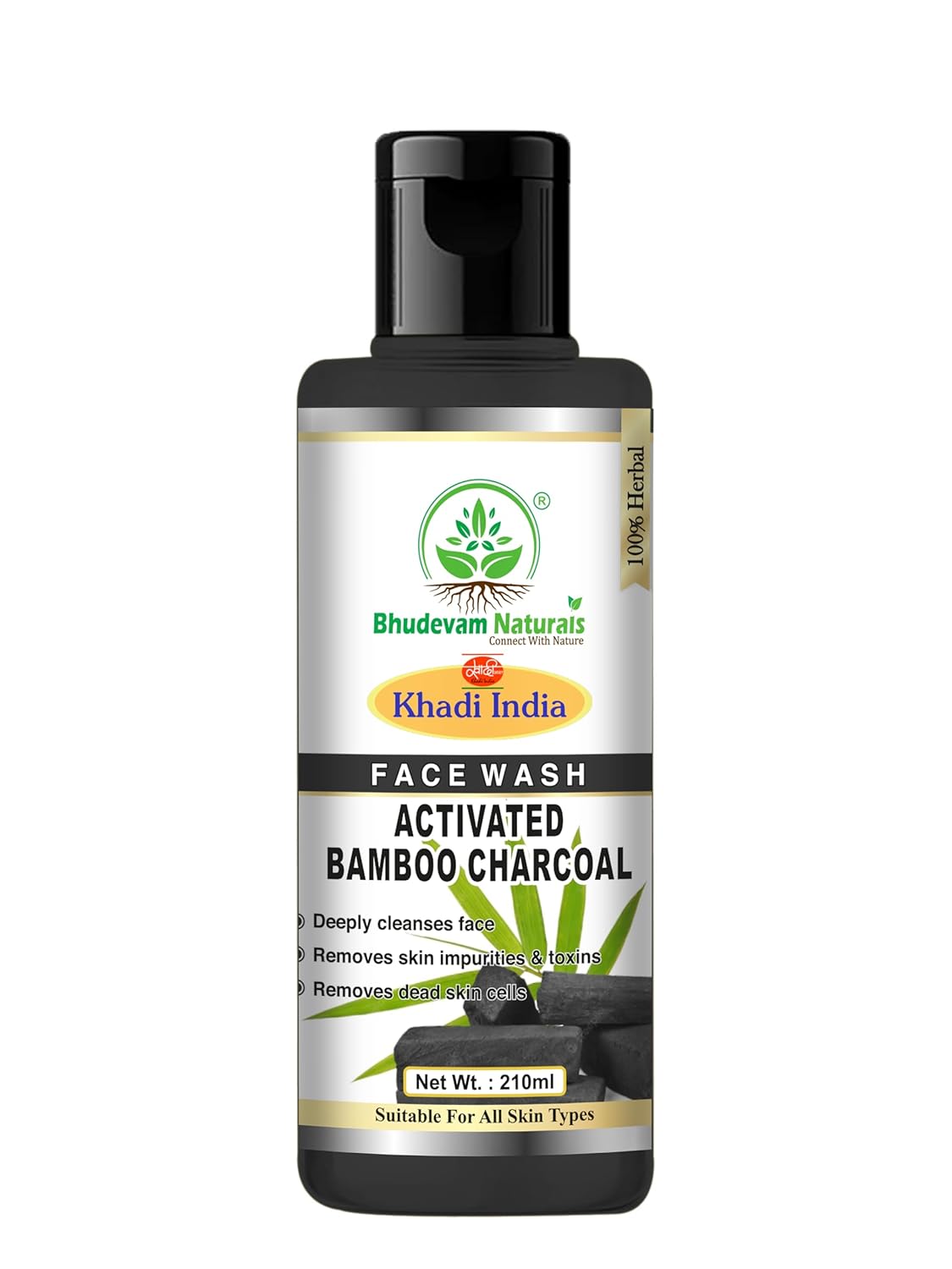 Bhudevam Naturals Khadi Bamboo Charcoal Herbal Face Wash – Reduces Acne, Pimples & Oiliness- 210ML