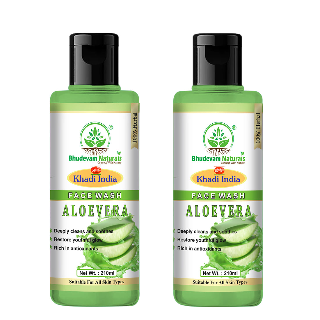 Bhudevam Naturals Khadi Aloe Vera Face Wash – Gentle Daily Cleansing for Soft & Hydrated Skin -  420ML (Pack of 2)