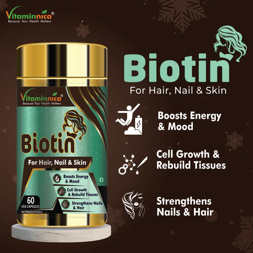 Vitaminnica Biotin Capsules - Hair Growth, Glowing Skin & Nail Strength Support, 60 Count