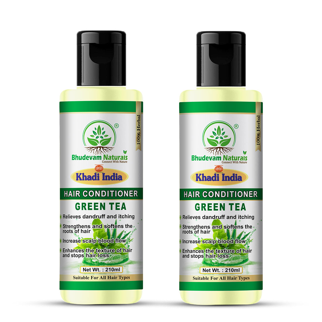 Bhudevam Naturals Khadi Green Tea Aloe Vera Conditioner – Strengthening & Moisturizing Hair Care Formula- 420ML (Pack of 2)