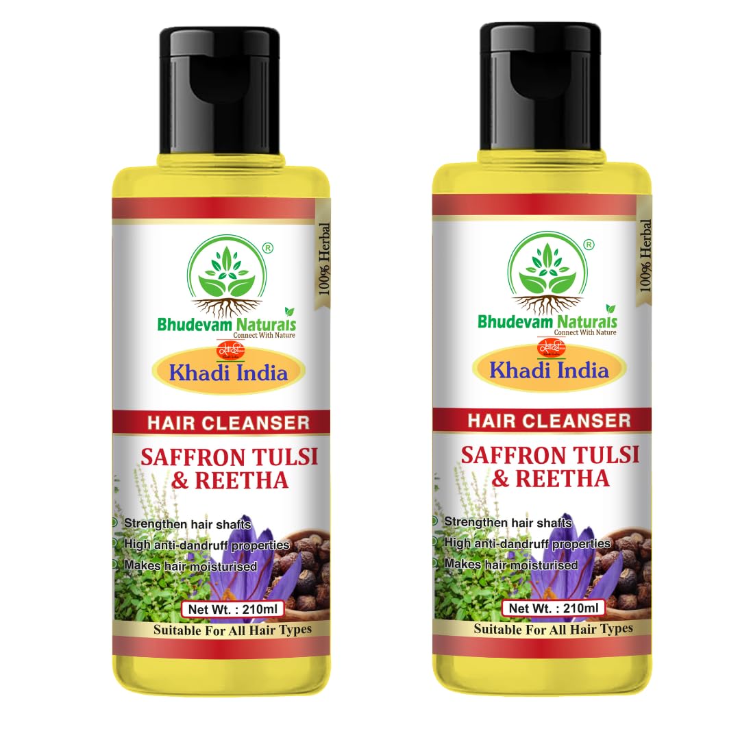 Bhudevam Naturals Khadi Saffron Tulsi & Reetha Hair Shampoo – Herbal Hair Fall Control & Scalp Care - 420ML (Pack of 2)