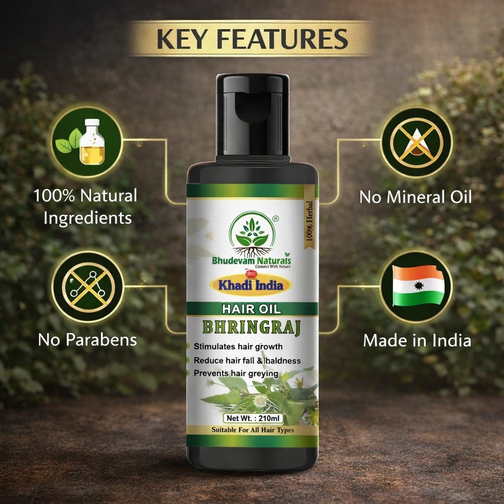 Bhudevam Naturals Khadi Bhringraj Hair Oil – Nourishing Oil for Dry, Damaged & Weak Hair- 210ML