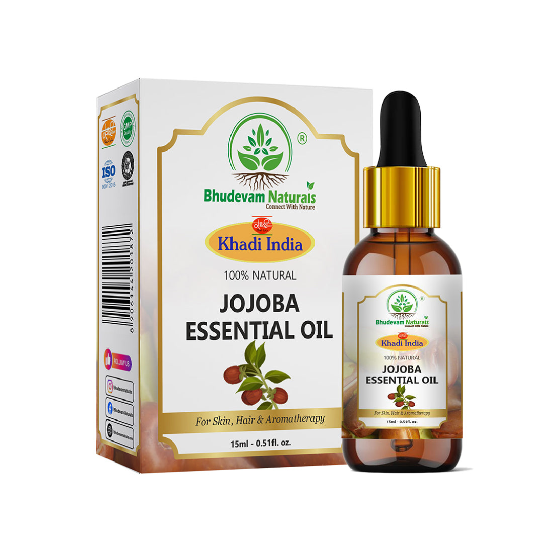 Bhudevam Naturals Khadi Jojoba Essential Oil Natural Carrier Oil for Face, Skin, Hair Growth, Beard Care, Massage & DIY Skincare- 15ml