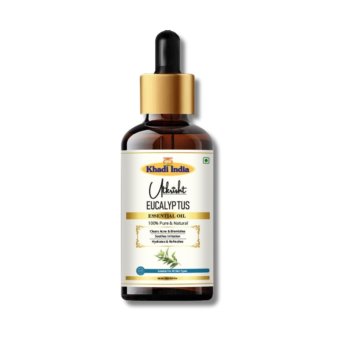 Khadi Eucalyptus Essential Oil | Pure & Natural Eucalyptus Oil for Body Care, Aromatherapy & Relaxation | Refreshing Herbal Essential Oil for Massage & Steam Inhalation | 15 ml
