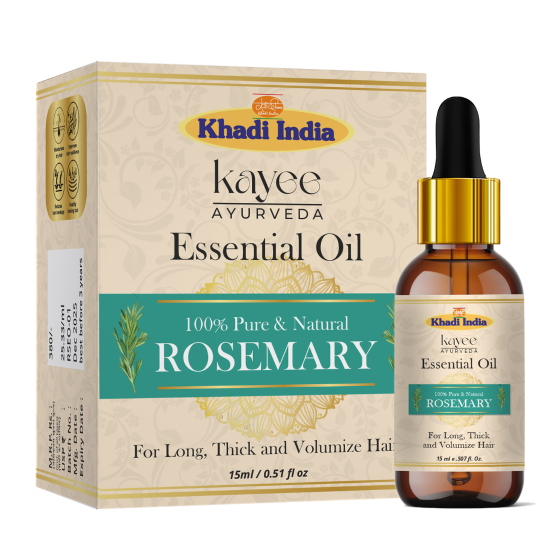 Kayee Ayurveda Rosemary Essential Oil for Hair Care, Aromatherapy, Diffuser & Massage | Refreshing Rosemary Aroma Oil for Scalp & Hair Care, Meditation, Yoga, Spa & Home Fragrance | Multi-Purpose Essential Oil | 15 ml