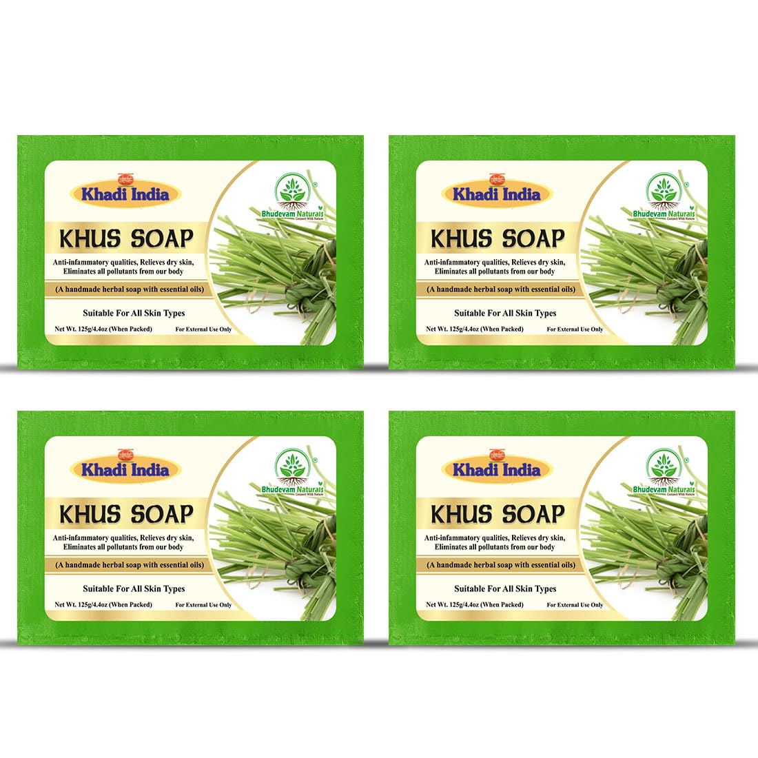 Bhudevam Naturals Khadi Handmade Khus Soap For Cooling & Skin Refreshing Bath Soap- 500GM (Pack of 4)