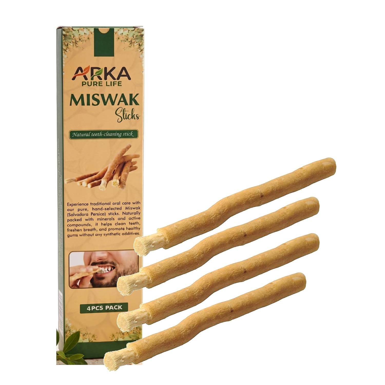 Arka Pure Life Miswak Natural Herbal Toothbrush – Traditional Natural Tooth-Cleaning Sticks for Teeth, Gums & Oral Hygiene – Pack of 4
