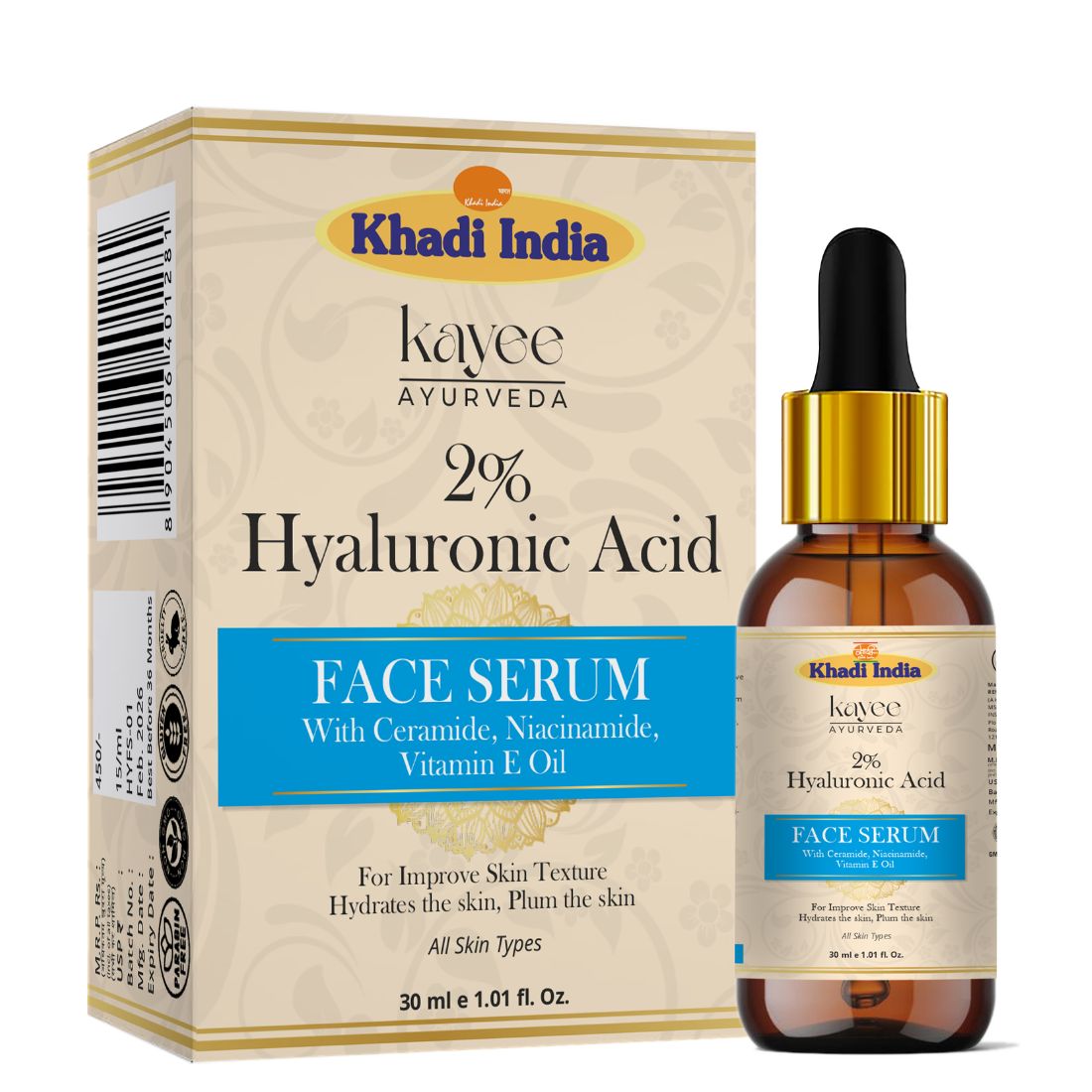 Kayee Ayurveda 2% Hyaluronic Acid Serum for Face, Intense Hydration & Moisturization, Lightweight Facial Serum for Dry, Dull & Dehydrated Skin, Daily Skincare for Women & Men | 30 ml