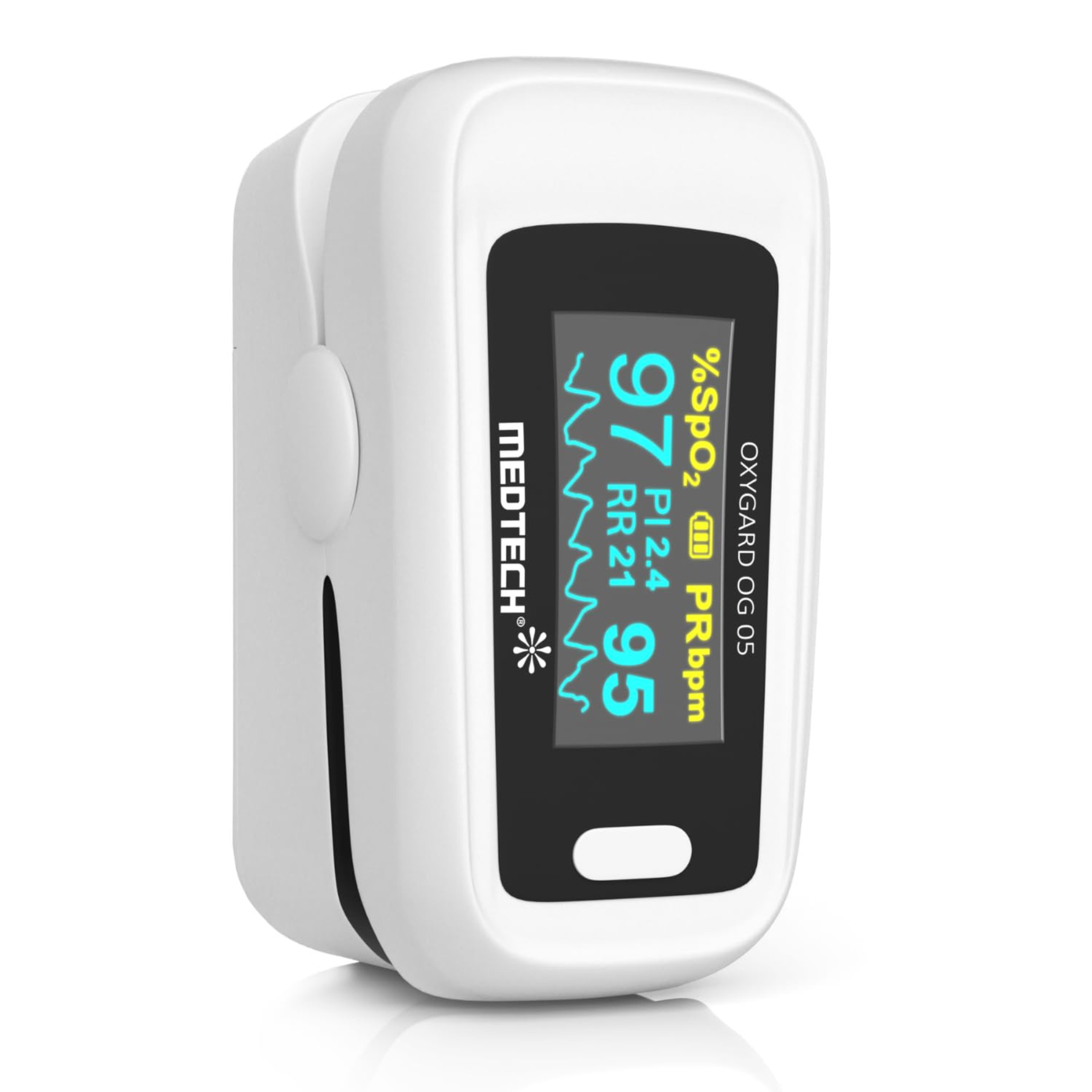 Medtech OG05 - Fingertip Pulse Oximeter | Blood Oxygen Saturation and Heart Rate Monitor | SpO2 Oxygen Meter | Finger Pulse oximeter | 4 Parameters - Perfusion Index, Respiratory Rate, Oxygen Level and Pulse Rate