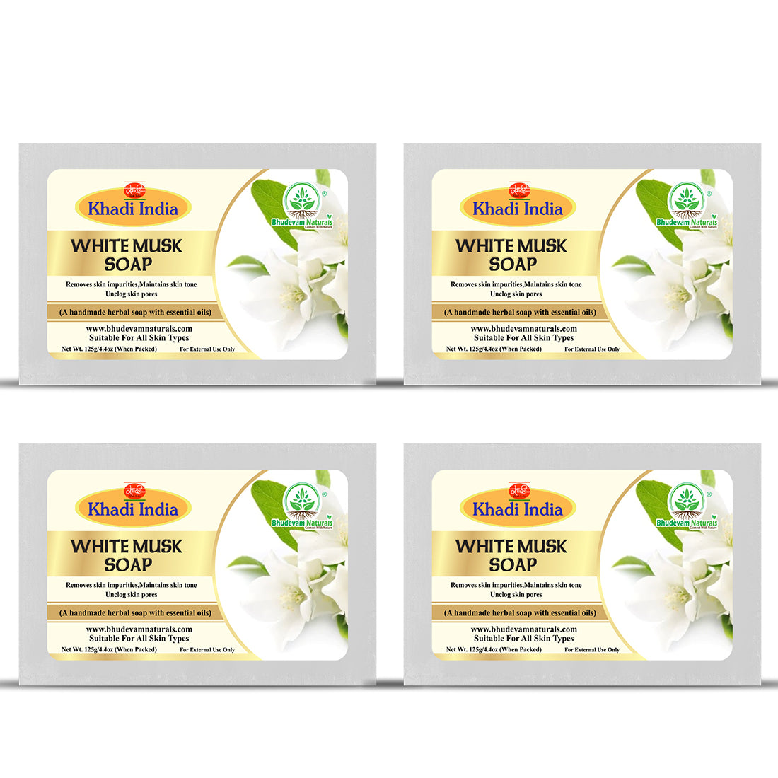 Bhudevam Naturals Khadi White Musk Soap – Luxury Fragrance Bath Soap for Soft & Smooth Skin- 500GM (Pack of 4)