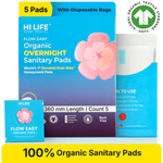 Hi Life Flow Easy Overnight Organic Period Pads 360mm | Extra Long Organic Cotton Top Sheet Sanitary Napkins for Heavy Flow & Overnight Protection (Pack of 5)