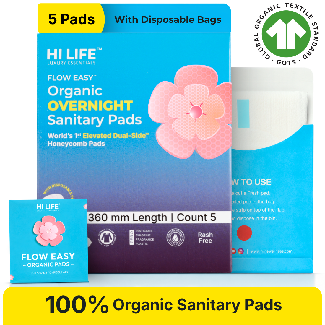 Hi Life Flow Easy Overnight Organic Period Pads 360mm | Extra Long Organic Cotton Top Sheet Sanitary Napkins for Heavy Flow & Overnight Protection (Pack of 5)
