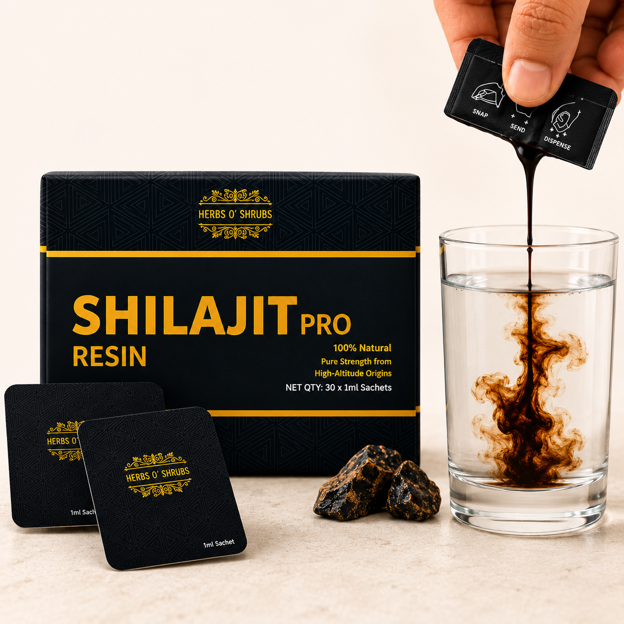 Herbs O' Shrubs Shilajit Pro Snap Sachet | Ayurvedic Resin for Energy, Strength, Stamina & Vitality | Fulvic Acid & Minerals | Instant On-the-Go Male Wellness, 30 Sachets