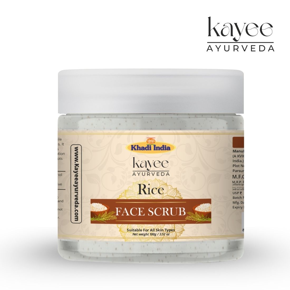 Kayee Ayurveda Rice Face Scrub for Men & Women | Herbal Facial Exfoliating Scrub for Deep Cleansing, Dead Skin Removal & Skin Smoothing | Helps Remove Excess Oil & Impurities | Suitable for Regular Skincare Routine