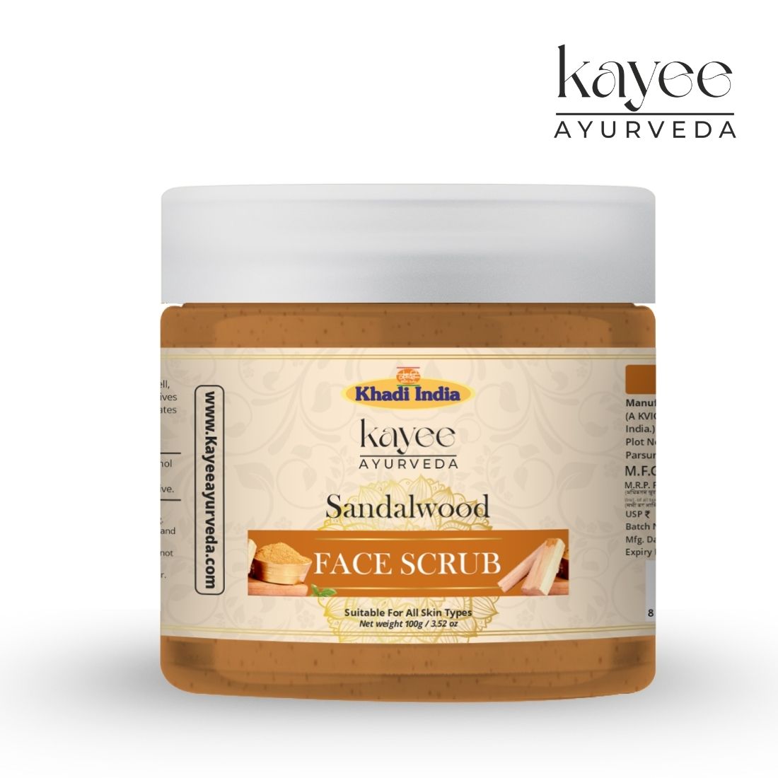 Kayee Ayurveda Sandalwood Herbal Face Scrub | Chandan Facial Exfoliator for Gentle Dead Skin Removal, Skin Polishing & Deep Cleansing | Helps Improve the Appearance of Dull & Rough-Looking Skin | Leaves Face Soft, Smooth & Naturally Radiant