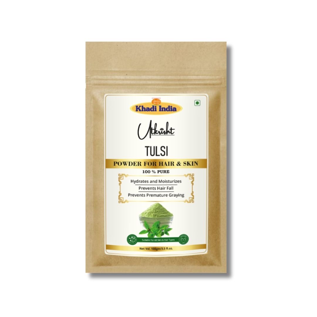Khadi Tulsi Powder for Face & Hair | 100% Natural Holy Basil Powder | Acne, Blemish & Oil Control Care | Helps Purify Skin & Nourish Scalp | Herbal Face & Hair Pack | For All Skin & Hair Types | 100 gm