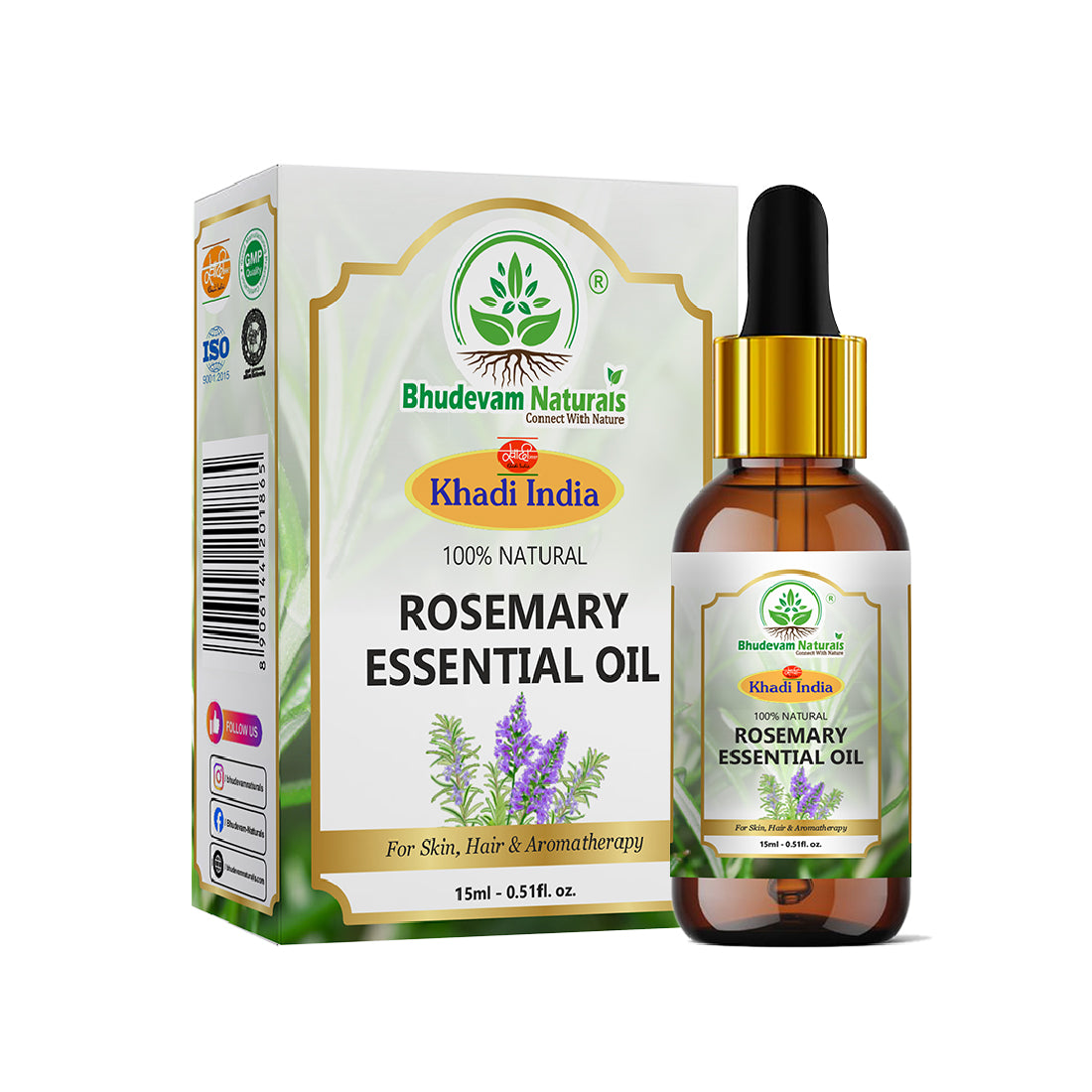 Bhudevam Naturals Khadi Rosemary Essential Oil for Hair Growth, Anti Hair Fall, Aromatherapy, Diffuser & Skin Care -15ml