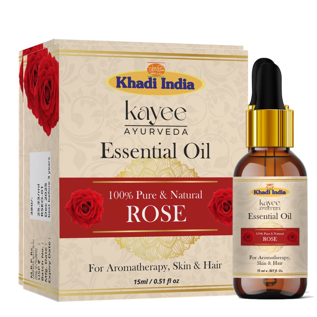 Kayee Ayurveda Rose Essential Oil, Rose Aroma Oil for Diffuser, Aromatherapy, Massage, Meditation, Yoga & Spa, Pleasant Floral Fragrance for Home, Personal Care & Relaxation | 15 ml