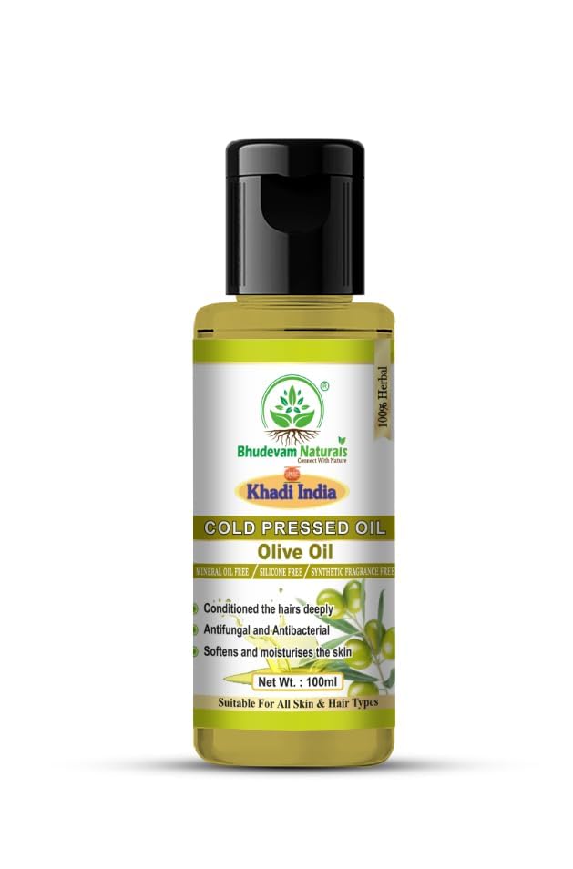 Bhudevam Naturals Khadi Extra Virgin Cold Pressed Olive Oil – Pure Natural Oil for Skin & Hair Care- 100ML