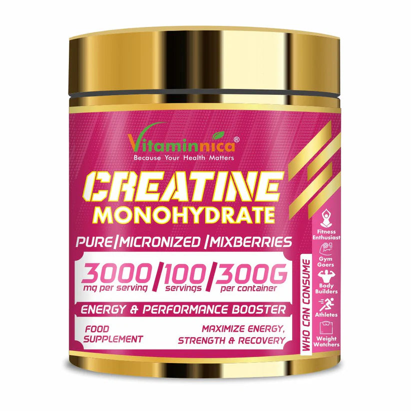 Vitaminnica Pure Creatine Monohydrate Powder - Mixberries Muscle Builder, 300g, 100 Servings