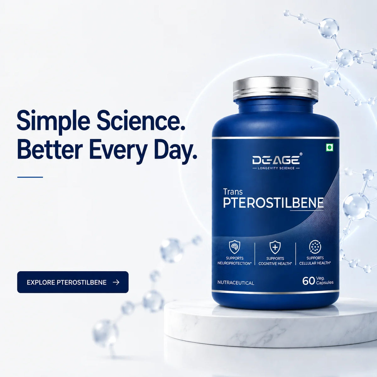 De-Age Trans-Pterostilbene 60 Capsules | Antioxidant & Healthy Aging Support