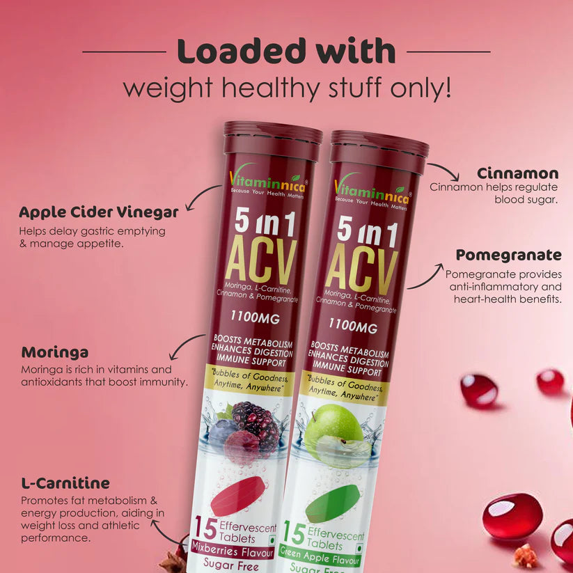 Vitaminnica ACV Moringa 5-in-1 Effervescent Tablets - Mixberries Weight & Detox, 15 Count