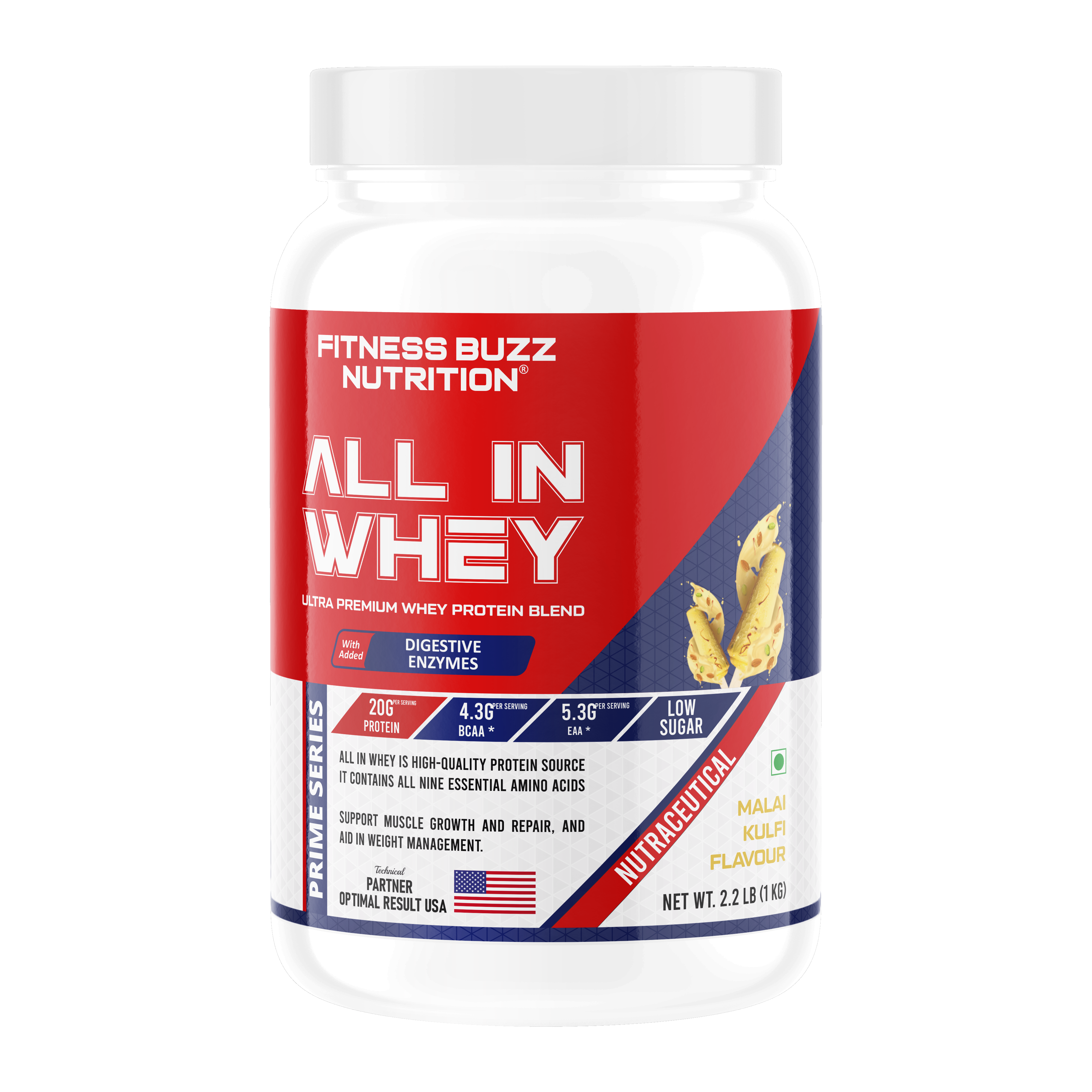 Fitness Buzz Nutrition All in Whey with Added Digestive Enzymes I 20G Protein Per Serving I 4.3 BCAA Per Serving I 5.3G EAA Per Serving I Low Sugar I Nutraceutical I Veg I Malai Kulfi