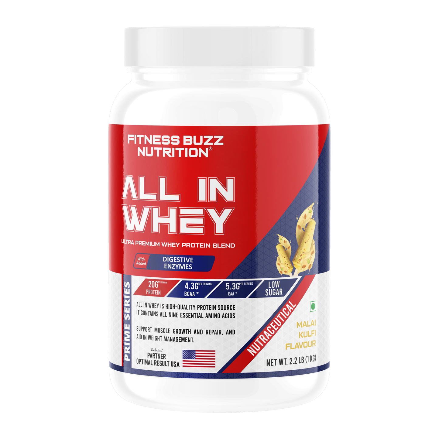 Fitness Buzz Nutrition All in Whey with Added Digestive Enzymes I 20G Protein Per Serving I 4.3 BCAA Per Serving I 5.3G EAA Per Serving I Low Sugar I Nutraceutical I Veg I Malai Kulfi