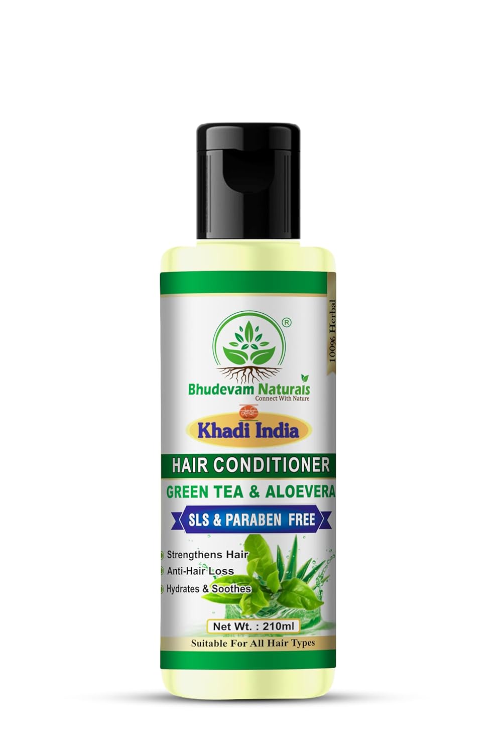 Bhudevam Naturals Khadi Green Tea Aloe Vera Hair Conditioner – Sulphate & Paraben Free Frizz Control Formula-210ML