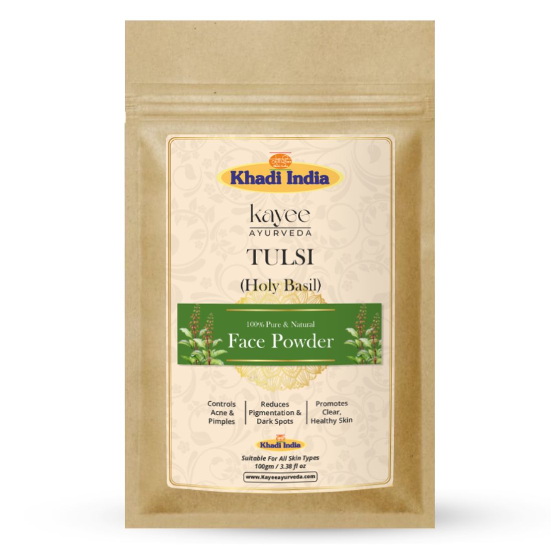 Kayee Ayurveda Tulsi Face Powder for Face | Natural Holy Basil Powder for Clear, Fresh & Healthy-Looking Skin | Ayurvedic Tulsi Herbal Powder for Face Packs, Skin Care & Natural Beauty Routine | Suitable for All Skin Types | 100 g