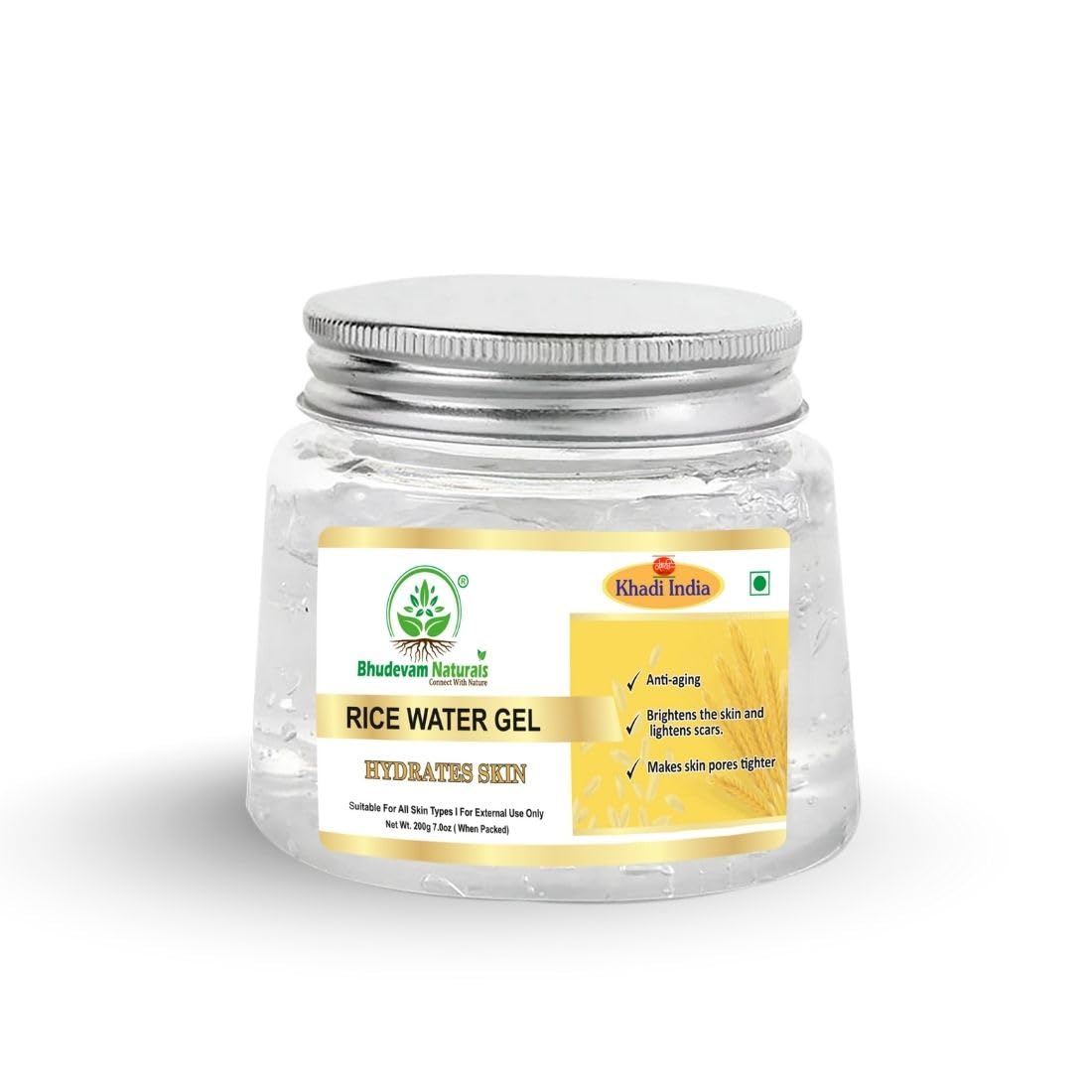 Bhudevam Naturals Khadi Rice Water Aloevera Gel for Acne-Prone Skin – Soothing, Hydrating & Non-Greasy Formula- 200GM
