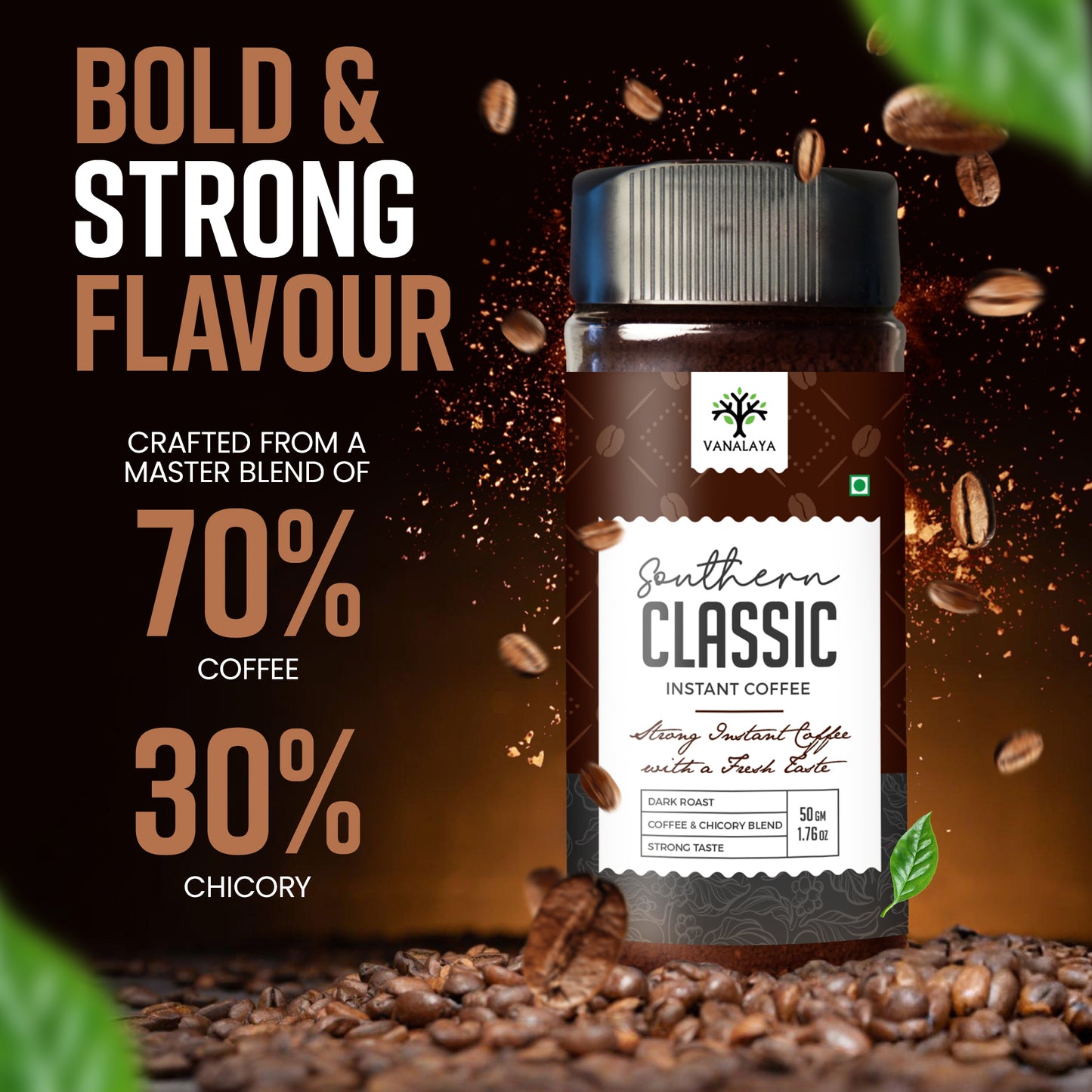 Vanalaya Southern Classic Instant Coffee 70% Arabica & 30% chicory Coffee - 50gm