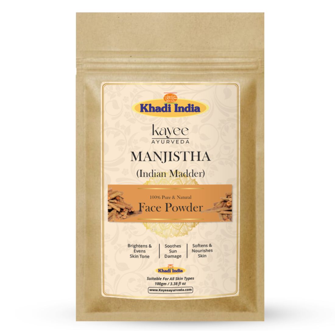 Kayee Ayurveda Manjistha Face Powder for Face | Natural Manjistha Powder for Clear, Glowing & Radiant-Looking Skin | Ayurvedic Manjistha Herbal Powder for Face Packs, Skin Care & Beauty Routine | Suitable for All Skin Types | 100 g