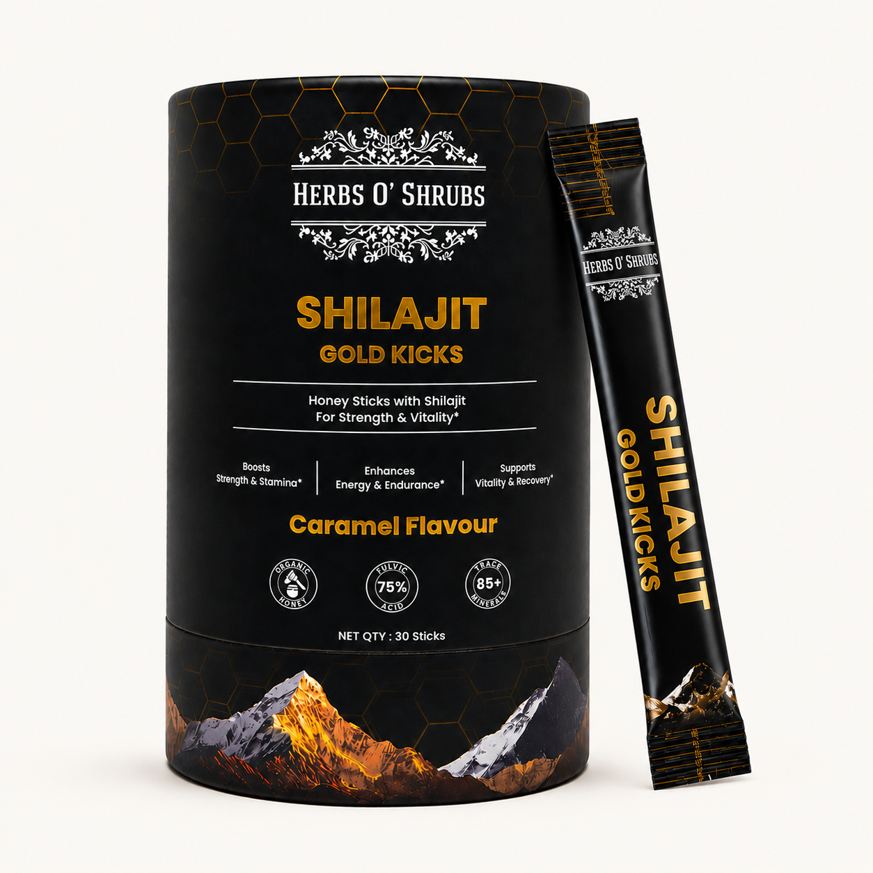 Herbs O' Shrubs Shilajit Gold Kicks | Ayurvedic Men Wellness Supplement with Shilajit, Honey & Caramel | Support Strength, Stamina, Energy & Vitality | Natural Rejuvenator, 30 Sticks