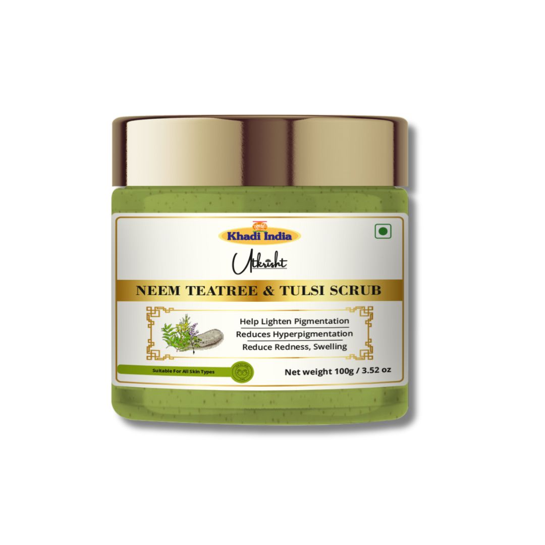 Khadi Neem & Tea Tree Face Scrub | Exfoliating Scrub for Oily & Acne-Prone Skin | Helps Remove Dead Skin, Dirt & Excess Oil | Pore Cleansing & Blemish Care | Herbal Ayurvedic Formula for Clear & Fresh-Looking Skin | 100 gm