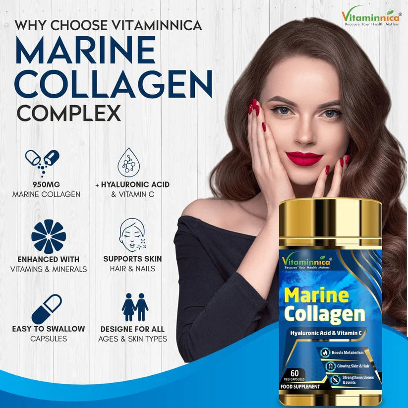 Vitaminnica Marine Collagen Capsules - Hydrolyzed Peptides for Skin, Hair & Joints, 60 Count