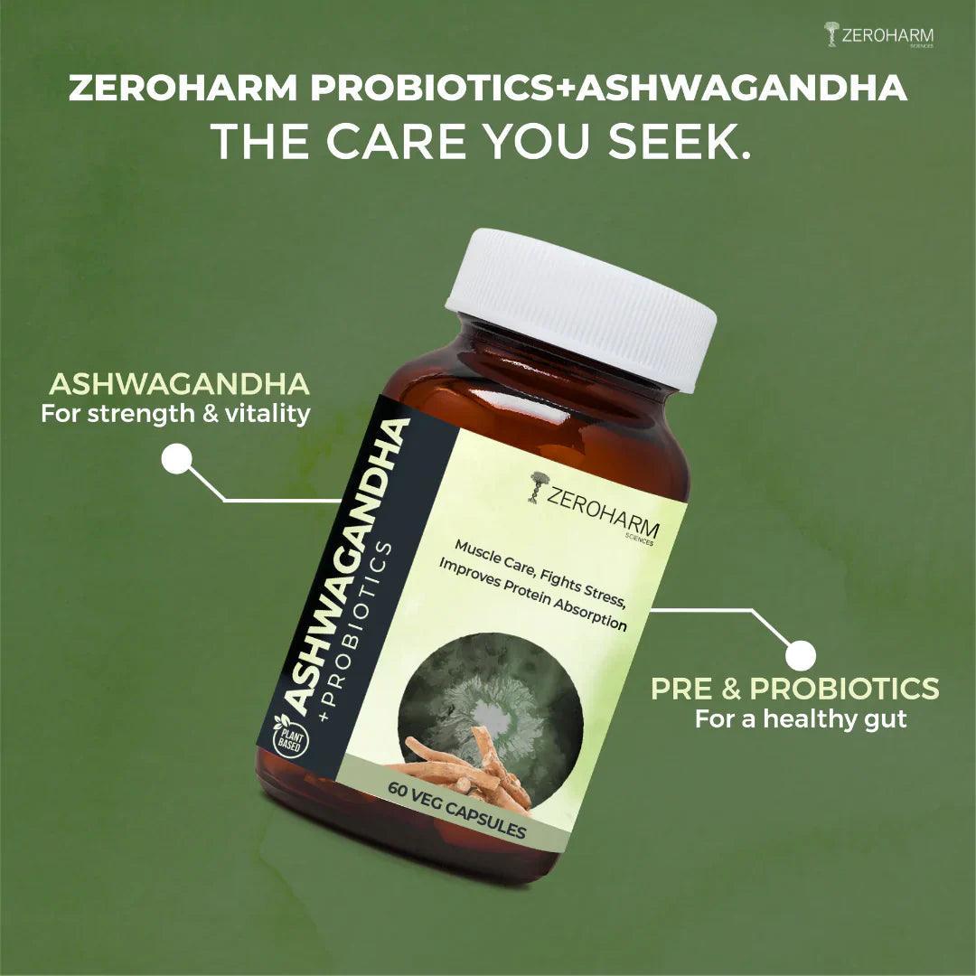 ZEROHARM Ashwagandha + Probiotics for Stress, Anxiety Relief, Nutrient Absorption and Digestive Health for Men & Women - 60 Capsules
