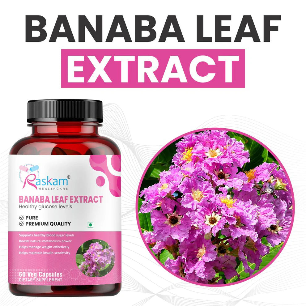 Raskam Banaba Leaf Extract Capsules - 60 Veg Capsules (Non-GMO & Gluten Free) - Supports Healthy Blood Sugar Levels