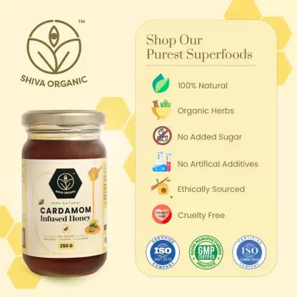 Shiva Organic’s Cardamom Infused Honey 100% Natural and Pure, High Medicinal Value (250 g)