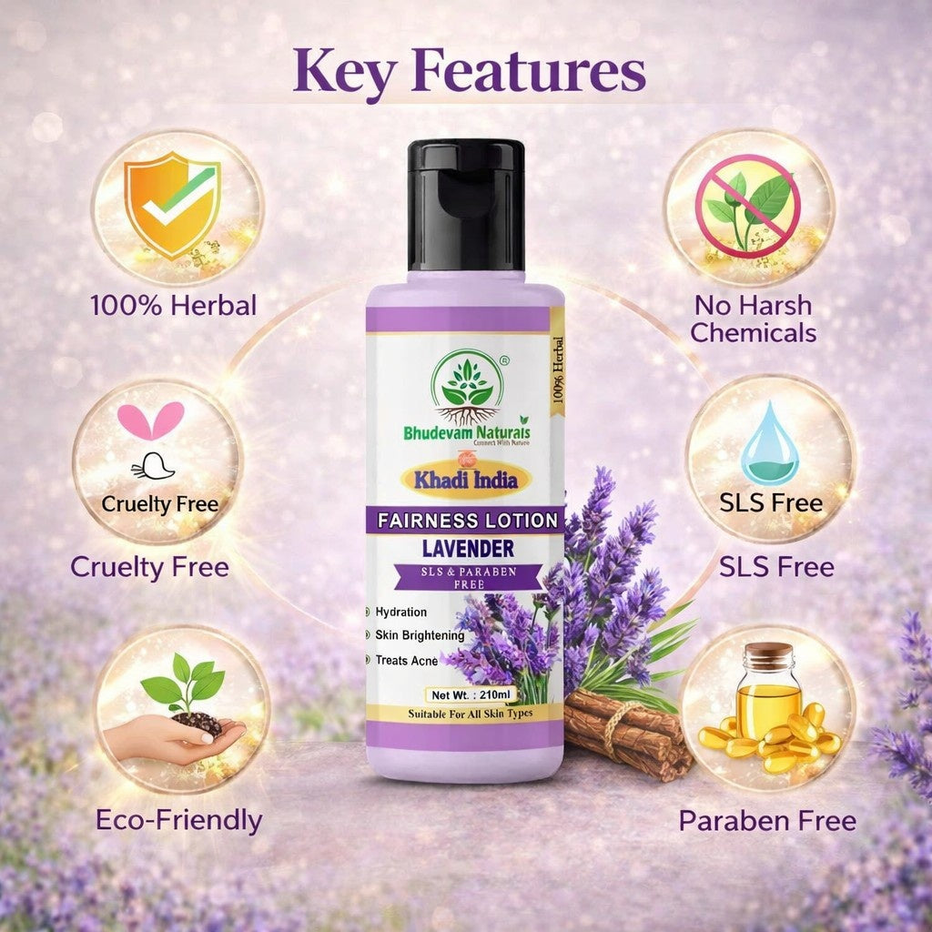 Bhudevam Naturals Khadi Lavender Fairness Lotion for Women & Men – Even Skin Tone & Radiant Glow Moisturizer- 210ML