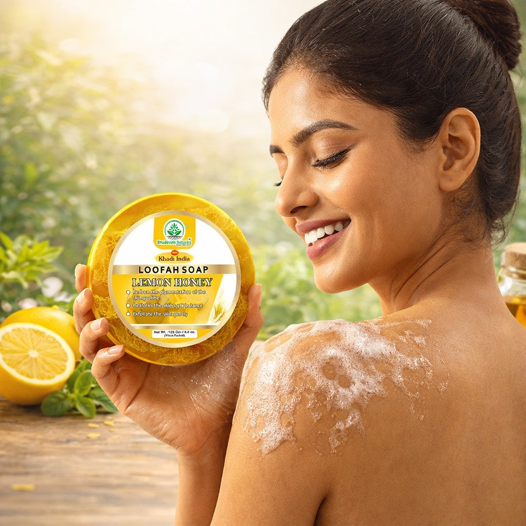Bhudevam Naturals Khadi Lemon & Honey Loofah Soap – Deep Cleansing Scrub Soap for Smooth & Fresh Skin- 250GM (Pack of 2)