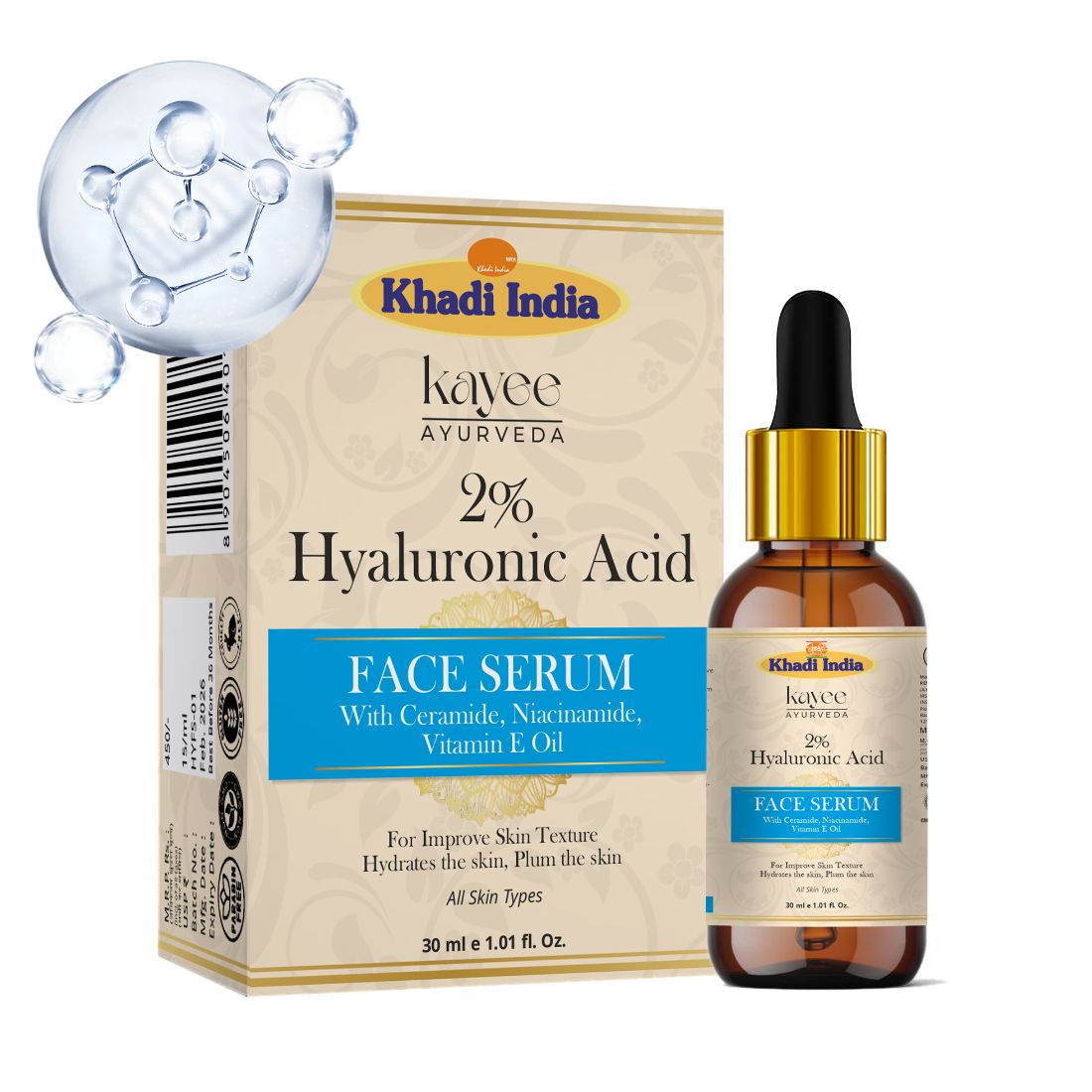 Kayee Ayurveda 2% Hyaluronic Acid Serum for Face, Intense Hydration & Moisturization, Lightweight Facial Serum for Dry, Dull & Dehydrated Skin, Daily Skincare for Women & Men | 30 ml