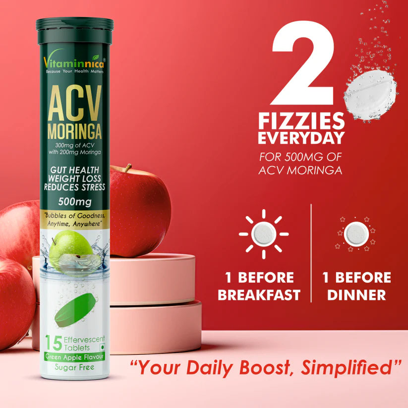 Vitaminnica ACV Moringa Effervescent Tablets - Green Apple Weight & Detox Support, 15 Count