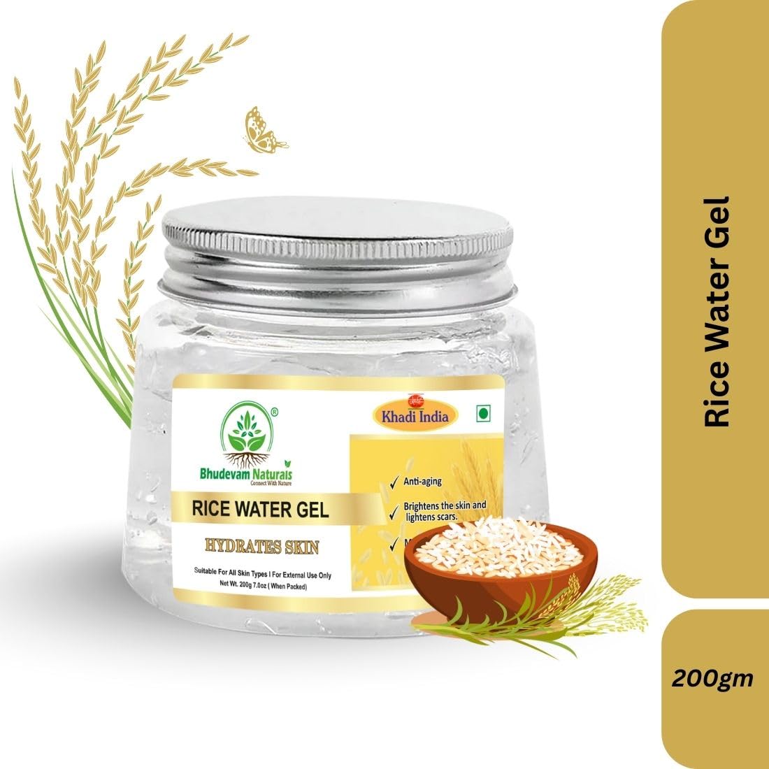 Bhudevam Naturals Khadi Rice Water Aloevera Gel for Acne-Prone Skin – Soothing, Hydrating & Non-Greasy Formula- 200GM