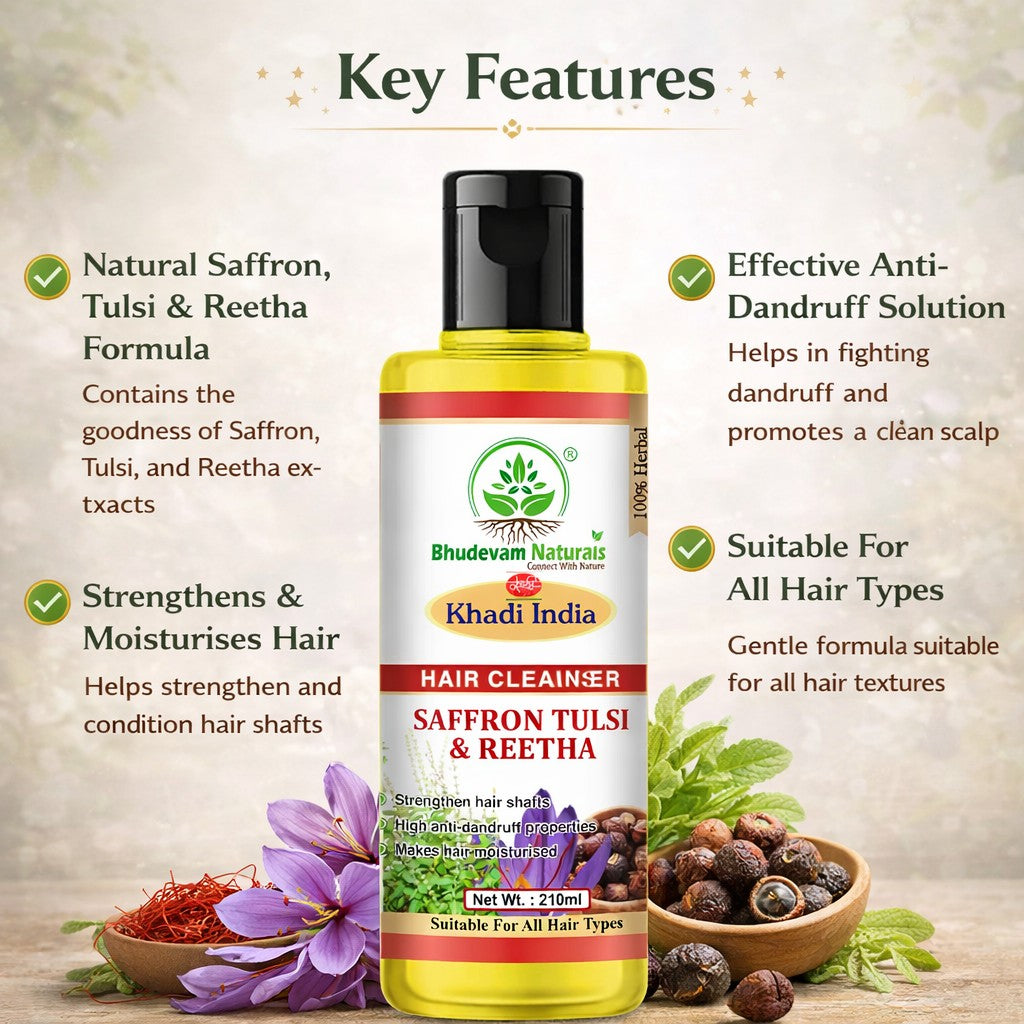 Bhudevam Naturals Khadi Saffron Tulsi & Reetha Hair Shampoo – Herbal Hair Fall Control & Scalp Care - 420ML (Pack of 2)
