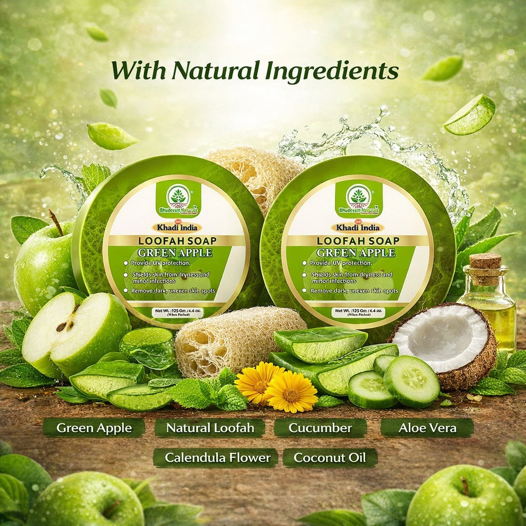 Bhudevam Naturals Khadi Green Apple Loofah Soap – Natural Exfoliating Bath Soap for Fresh & Glowing Skin- 250GM (Pack of 2)