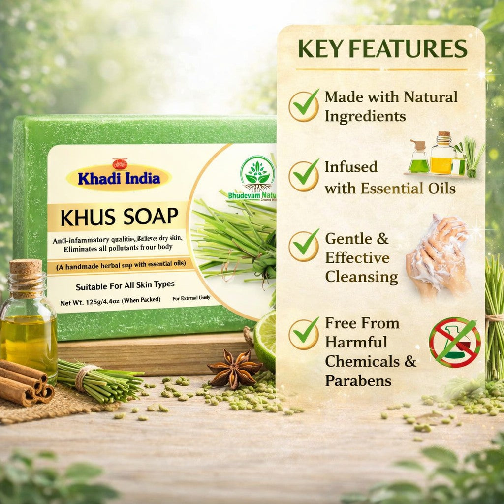 Bhudevam Naturals Khadi Handmade Khus Soap For Cooling & Skin Refreshing Bath Soap- 500GM (Pack of 4)